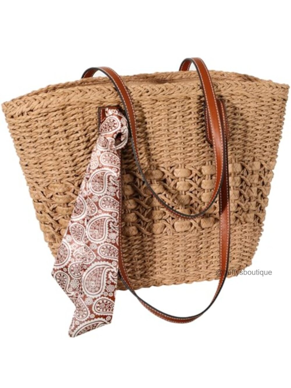 Woven Straw Tote Bag Large Beach Bag with Silk Scarf Zipper